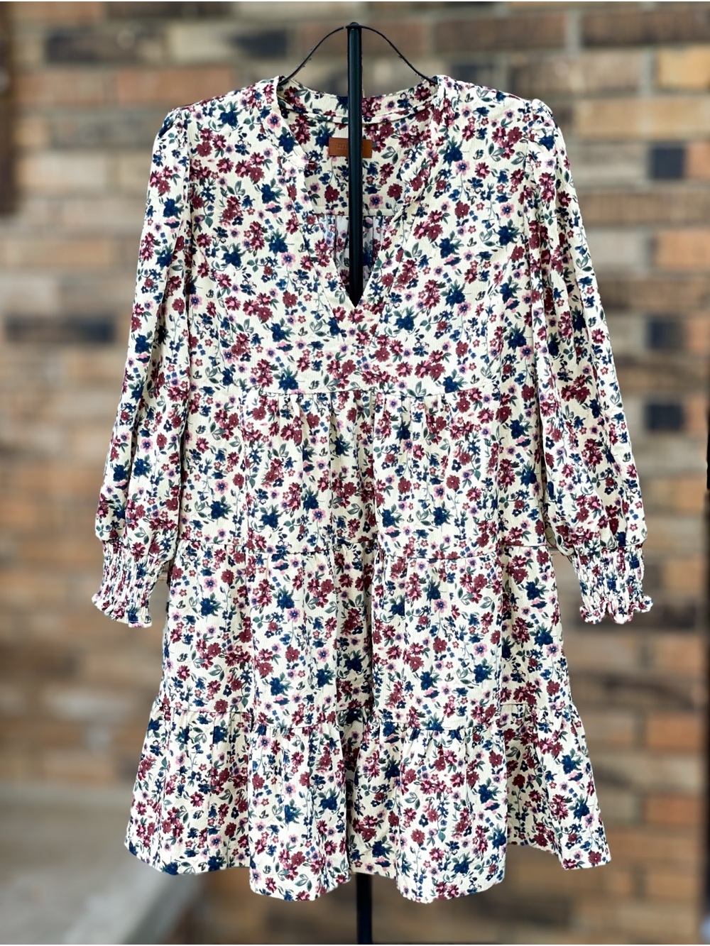 Umgee Plus 1XL Floral Corduroy Tiered Dress Long Sleeve Pockets